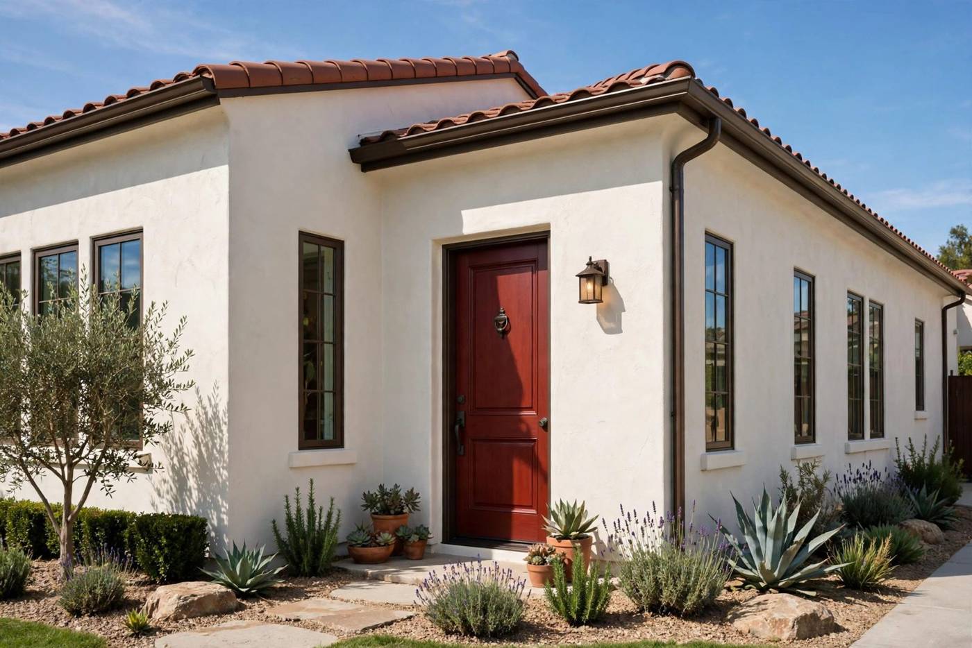 A freshly painted stucco house exterior with a deep red front door
