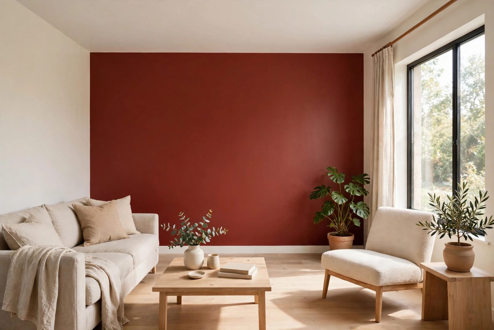 A freshly painted living room with warm off-white walls and a deep red accent wall